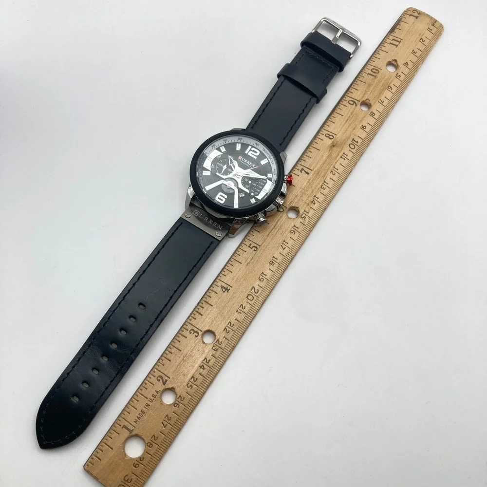 Curren Men's Chronograph Watch 48mm Silver Tone Black Date WR New Battery 10